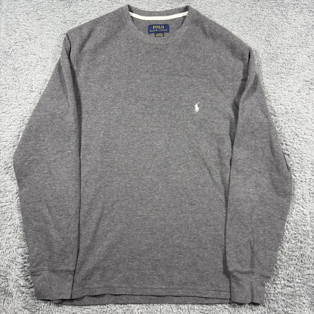 Polo Ralph Lauren Waffle Knit Thermal Mens Medium Grey Long Sleeve Shirt Pony